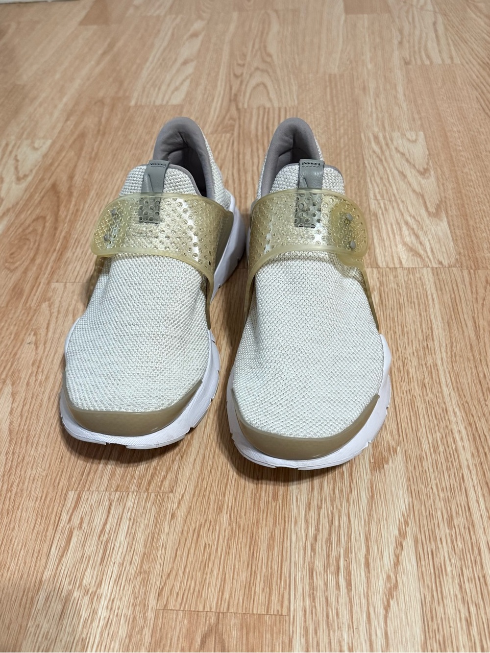 Nike White and Gold Slip-On Sneakers
